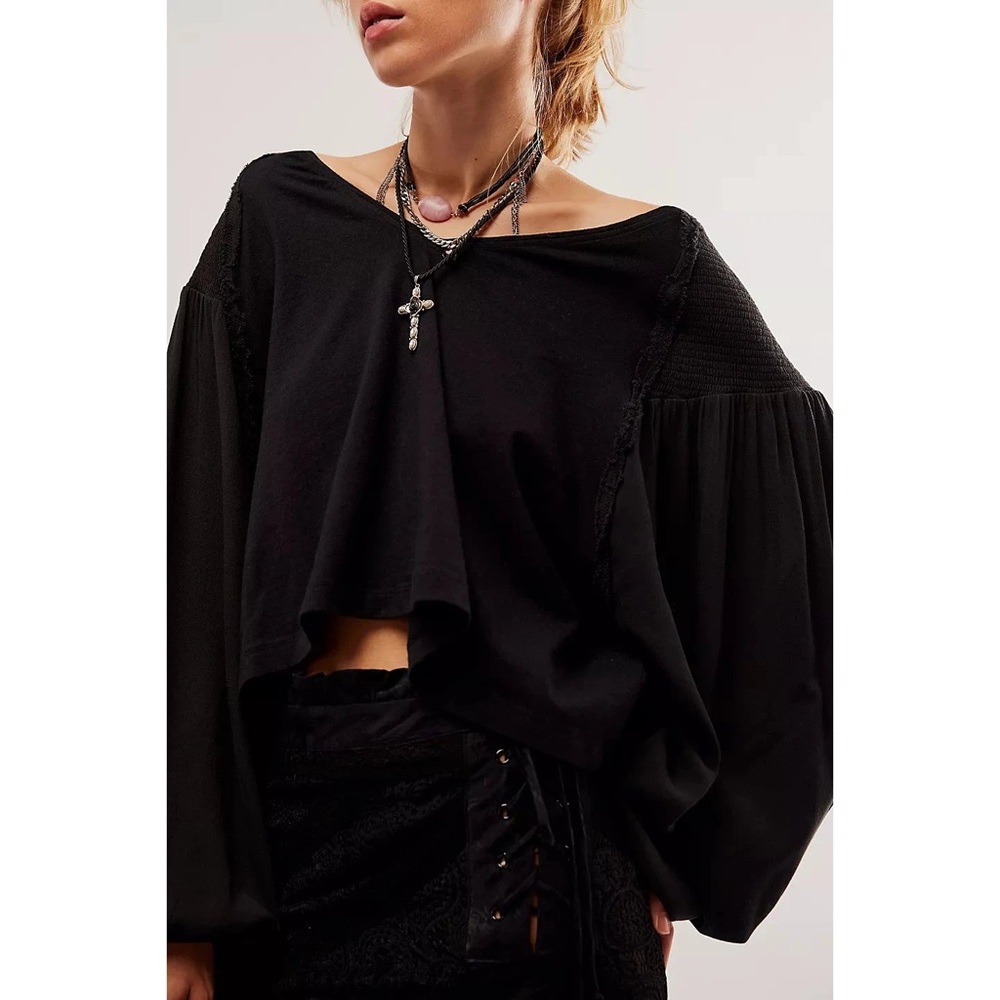 Free People Black Top With Ballon Sleeves